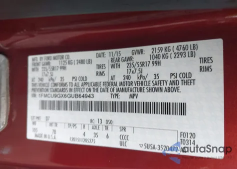 2016 Ford Escape Se из США, поврежденный, VIN 1FMCU9GX6GUB64943